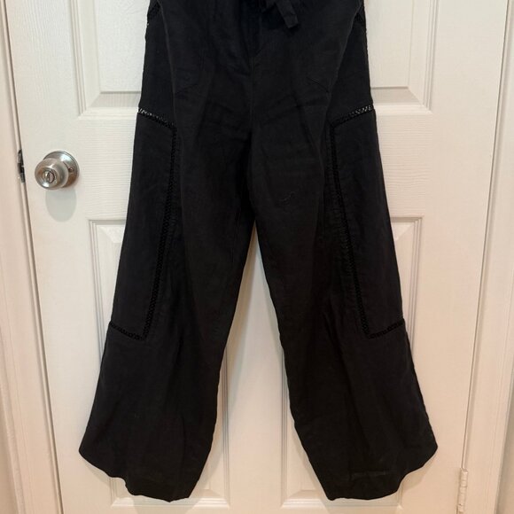STAUD MACKENZIE BLACK WIDE LEG LINEN PANTS WITH LACE ACCENTS - Picture 3 of 14